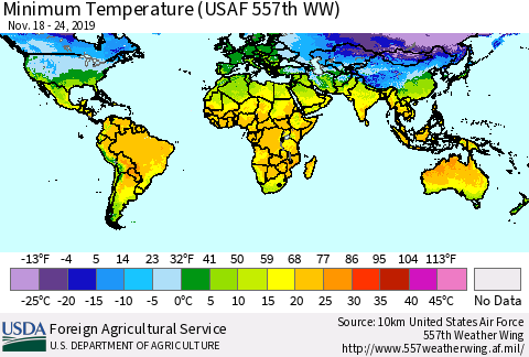 World Mean Minimum Temperature (USAF 557th WW) Thematic Map For 11/18/2019 - 11/24/2019