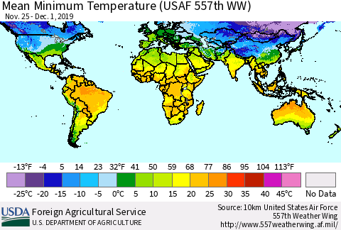 World Mean Minimum Temperature (USAF 557th WW) Thematic Map For 11/25/2019 - 12/1/2019