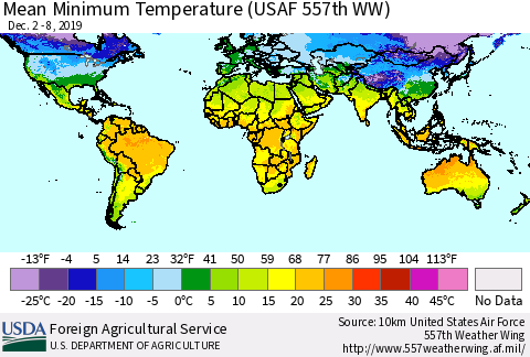 World Mean Minimum Temperature (USAF 557th WW) Thematic Map For 12/2/2019 - 12/8/2019