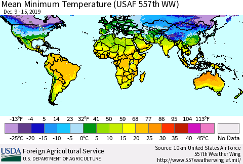 World Mean Minimum Temperature (USAF 557th WW) Thematic Map For 12/9/2019 - 12/15/2019