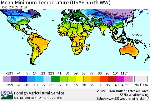 World Mean Minimum Temperature (USAF 557th WW) Thematic Map For 12/23/2019 - 12/29/2019