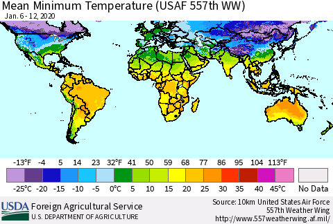 World Mean Minimum Temperature (USAF 557th WW) Thematic Map For 1/6/2020 - 1/12/2020