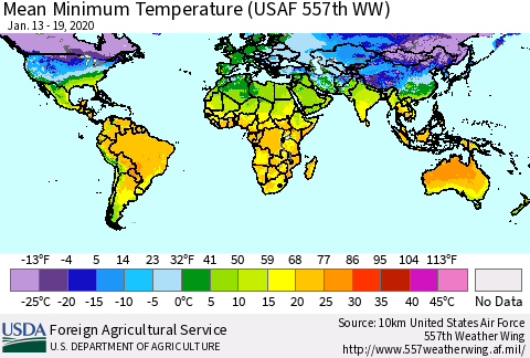 World Mean Minimum Temperature (USAF 557th WW) Thematic Map For 1/13/2020 - 1/19/2020