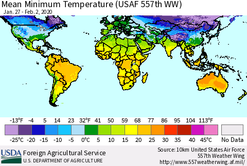 World Mean Minimum Temperature (USAF 557th WW) Thematic Map For 1/27/2020 - 2/2/2020