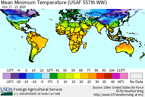 World Mean Minimum Temperature (USAF 557th WW) Thematic Map For 2/17/2020 - 2/23/2020