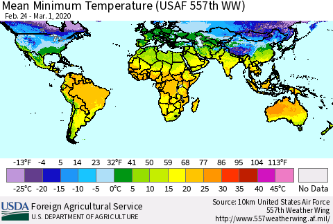 World Mean Minimum Temperature (USAF 557th WW) Thematic Map For 2/24/2020 - 3/1/2020
