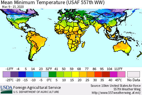 World Mean Minimum Temperature (USAF 557th WW) Thematic Map For 3/9/2020 - 3/15/2020