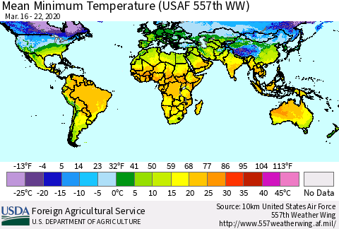 World Mean Minimum Temperature (USAF 557th WW) Thematic Map For 3/16/2020 - 3/22/2020