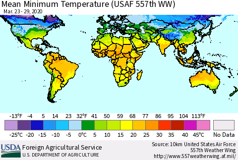 World Mean Minimum Temperature (USAF 557th WW) Thematic Map For 3/23/2020 - 3/29/2020