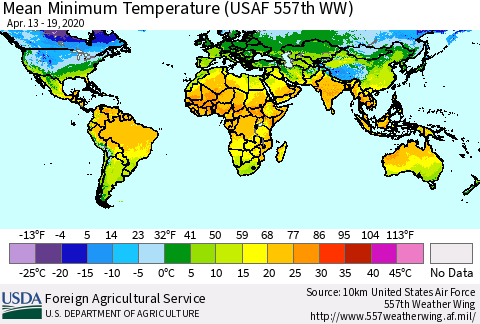World Mean Minimum Temperature (USAF 557th WW) Thematic Map For 4/13/2020 - 4/19/2020
