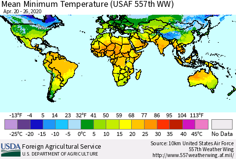 World Mean Minimum Temperature (USAF 557th WW) Thematic Map For 4/20/2020 - 4/26/2020