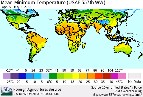 World Mean Minimum Temperature (USAF 557th WW) Thematic Map For 4/27/2020 - 5/3/2020