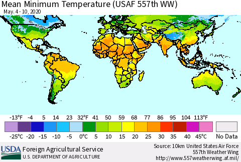 World Mean Minimum Temperature (USAF 557th WW) Thematic Map For 5/4/2020 - 5/10/2020