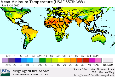 World Mean Minimum Temperature (USAF 557th WW) Thematic Map For 6/8/2020 - 6/14/2020
