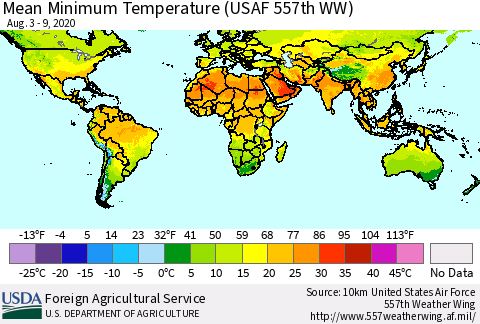World Mean Minimum Temperature (USAF 557th WW) Thematic Map For 8/3/2020 - 8/9/2020