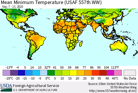 World Mean Minimum Temperature (USAF 557th WW) Thematic Map For 9/7/2020 - 9/13/2020