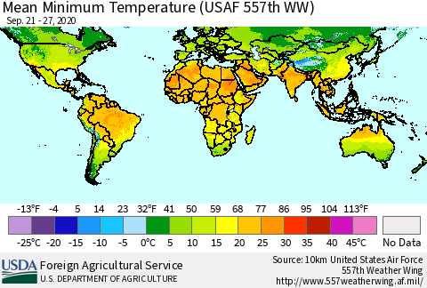 World Mean Minimum Temperature (USAF 557th WW) Thematic Map For 9/21/2020 - 9/27/2020