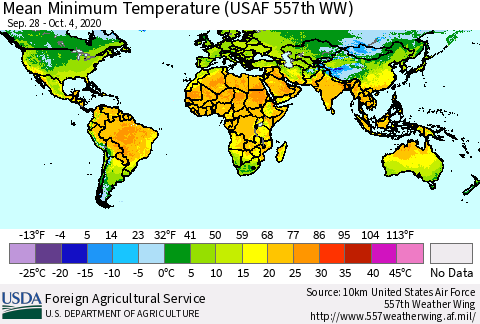 World Mean Minimum Temperature (USAF 557th WW) Thematic Map For 9/28/2020 - 10/4/2020