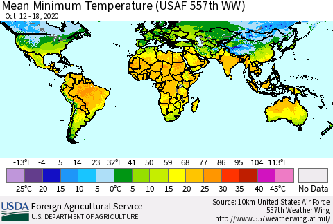 World Mean Minimum Temperature (USAF 557th WW) Thematic Map For 10/12/2020 - 10/18/2020