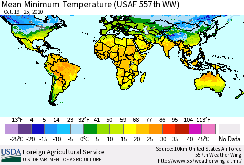 World Mean Minimum Temperature (USAF 557th WW) Thematic Map For 10/19/2020 - 10/25/2020