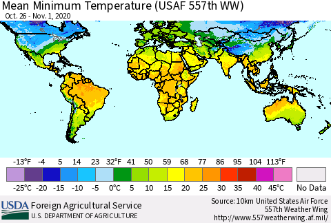 World Mean Minimum Temperature (USAF 557th WW) Thematic Map For 10/26/2020 - 11/1/2020