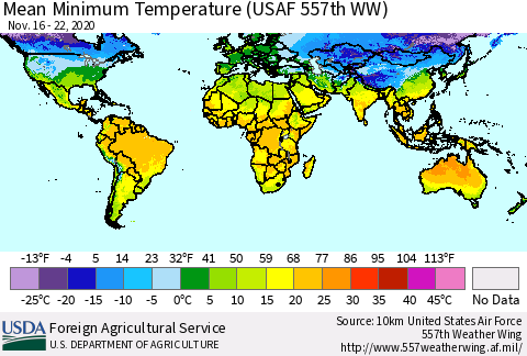 World Mean Minimum Temperature (USAF 557th WW) Thematic Map For 11/16/2020 - 11/22/2020