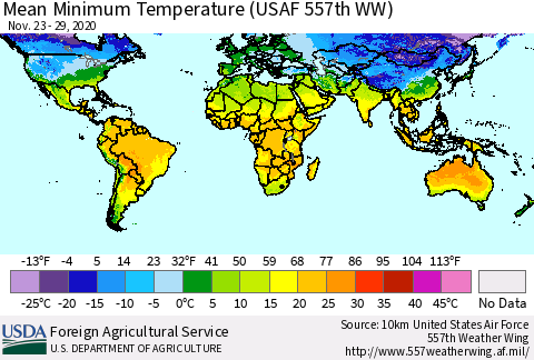 World Mean Minimum Temperature (USAF 557th WW) Thematic Map For 11/23/2020 - 11/29/2020