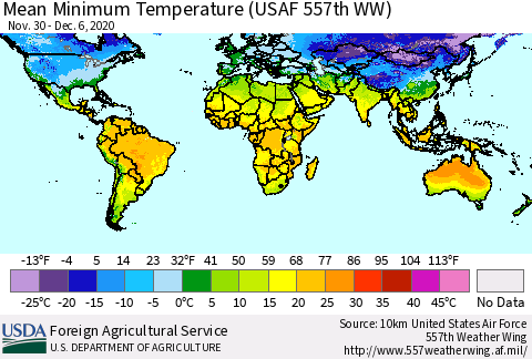 World Mean Minimum Temperature (USAF 557th WW) Thematic Map For 11/30/2020 - 12/6/2020