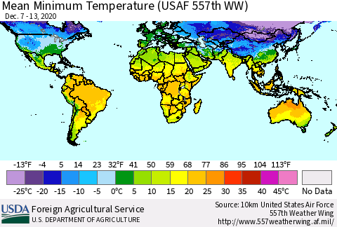 World Mean Minimum Temperature (USAF 557th WW) Thematic Map For 12/7/2020 - 12/13/2020