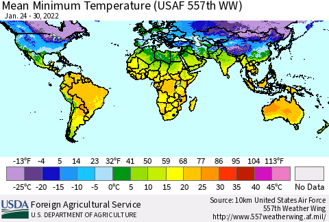 World Mean Minimum Temperature (USAF 557th WW) Thematic Map For 1/24/2022 - 1/30/2022