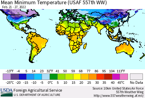 World Mean Minimum Temperature (USAF 557th WW) Thematic Map For 2/21/2022 - 2/27/2022