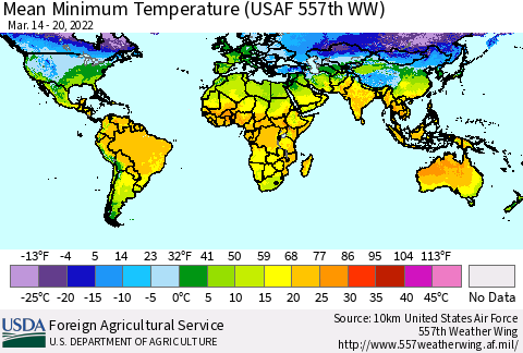 World Mean Minimum Temperature (USAF 557th WW) Thematic Map For 3/14/2022 - 3/20/2022