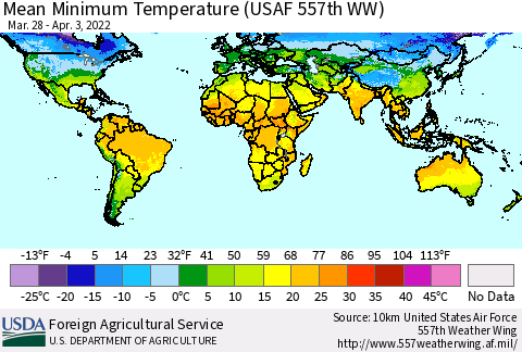 World Mean Minimum Temperature (USAF 557th WW) Thematic Map For 3/28/2022 - 4/3/2022