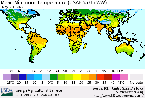 World Mean Minimum Temperature (USAF 557th WW) Thematic Map For 5/2/2022 - 5/8/2022