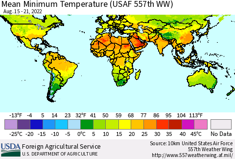 World Mean Minimum Temperature (USAF 557th WW) Thematic Map For 8/15/2022 - 8/21/2022