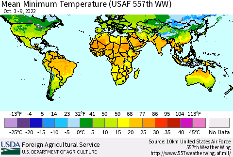 World Mean Minimum Temperature (USAF 557th WW) Thematic Map For 10/3/2022 - 10/9/2022