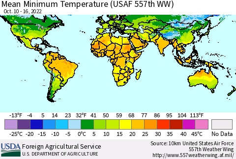 World Mean Minimum Temperature (USAF 557th WW) Thematic Map For 10/10/2022 - 10/16/2022