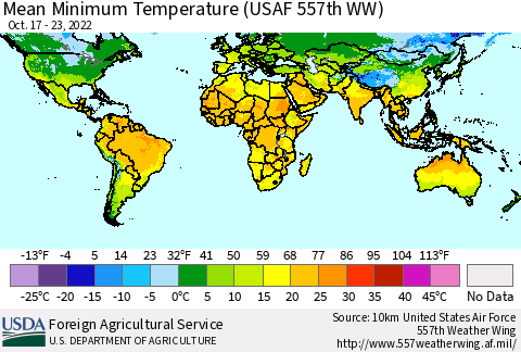 World Mean Minimum Temperature (USAF 557th WW) Thematic Map For 10/17/2022 - 10/23/2022