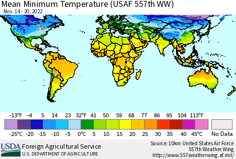 World Mean Minimum Temperature (USAF 557th WW) Thematic Map For 11/14/2022 - 11/20/2022