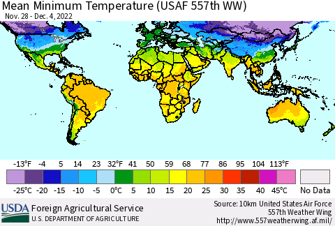 World Mean Minimum Temperature (USAF 557th WW) Thematic Map For 11/28/2022 - 12/4/2022