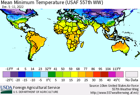 World Mean Minimum Temperature (USAF 557th WW) Thematic Map For 12/5/2022 - 12/11/2022
