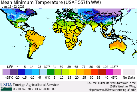 World Mean Minimum Temperature (USAF 557th WW) Thematic Map For 1/16/2023 - 1/22/2023