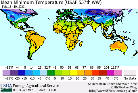 World Mean Minimum Temperature (USAF 557th WW) Thematic Map For 2/13/2023 - 2/19/2023