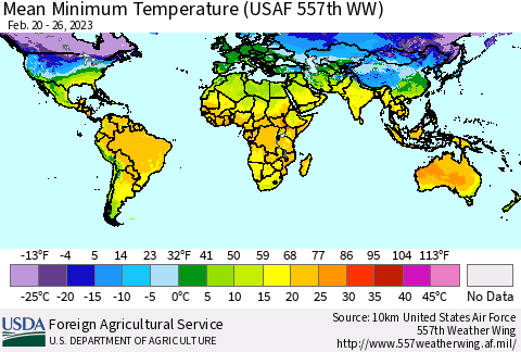 World Mean Minimum Temperature (USAF 557th WW) Thematic Map For 2/20/2023 - 2/26/2023