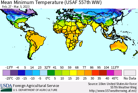 World Mean Minimum Temperature (USAF 557th WW) Thematic Map For 2/27/2023 - 3/5/2023