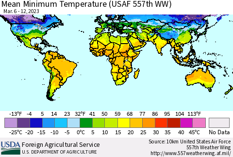 World Mean Minimum Temperature (USAF 557th WW) Thematic Map For 3/6/2023 - 3/12/2023