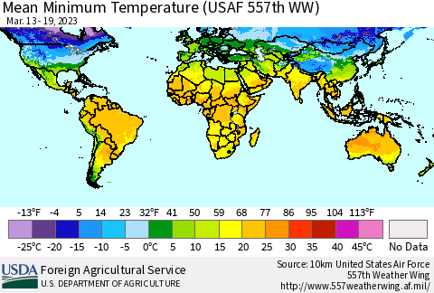 World Mean Minimum Temperature (USAF 557th WW) Thematic Map For 3/13/2023 - 3/19/2023