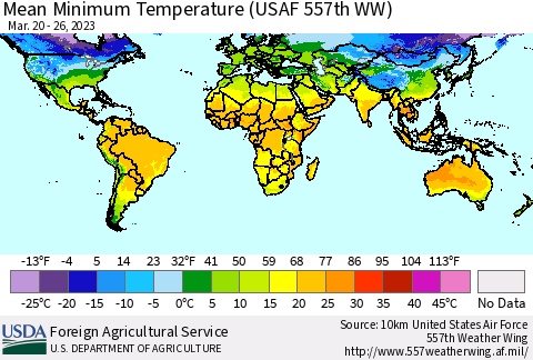World Mean Minimum Temperature (USAF 557th WW) Thematic Map For 3/20/2023 - 3/26/2023