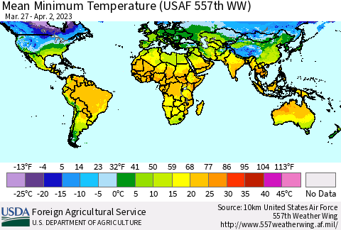 World Mean Minimum Temperature (USAF 557th WW) Thematic Map For 3/27/2023 - 4/2/2023