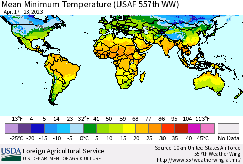 World Mean Minimum Temperature (USAF 557th WW) Thematic Map For 4/17/2023 - 4/23/2023
